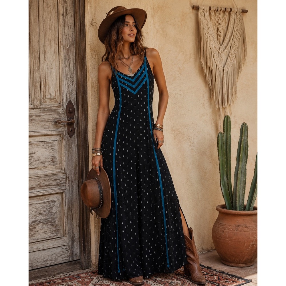 Idyllwind Miranda Lambert Black Turquoise Boho Western Maxi Dress XS Sleeveless